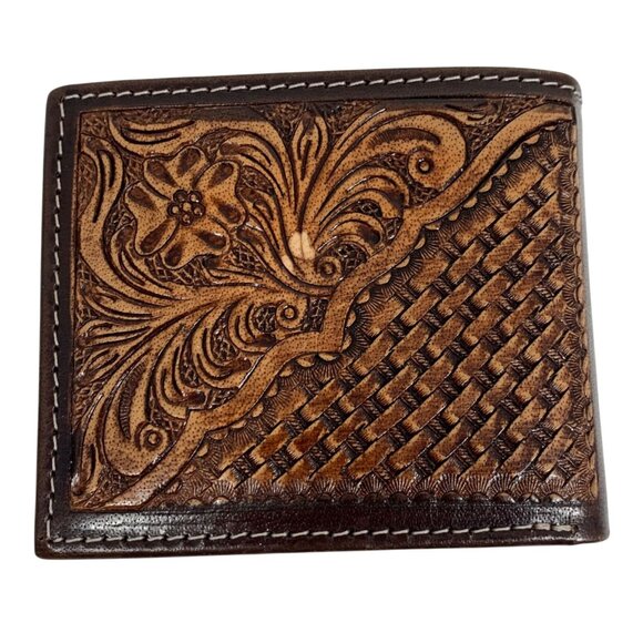 American Bison Men's Hand Tooled Brown Leather Bifold Wallet Floral Weave - Picture 8 of 10